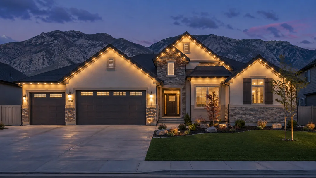 Warm-white permanent roofline lighting on an Eagle Mountain home with a mountain backdrop at dusk