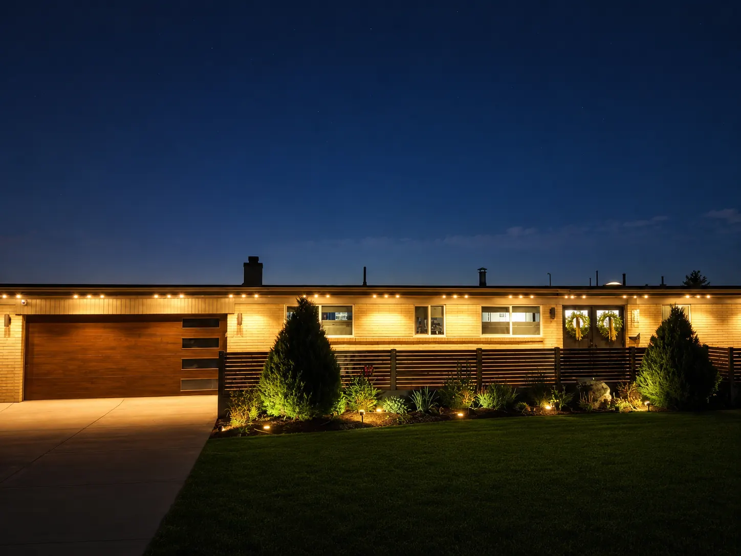 Warm white exterior lighting across a residential roofline and landscape at night